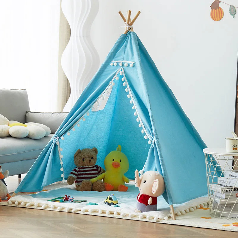 Tente Tipi Bleu pour Enfants – Maison de Jeu Pliable en Coton et Lin