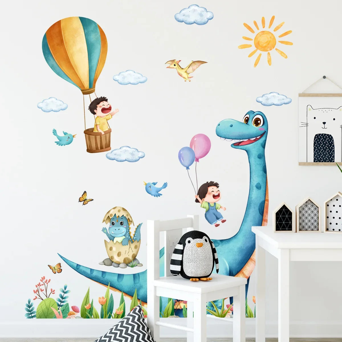 Sticker Mural Dinosaure en Montgolfière