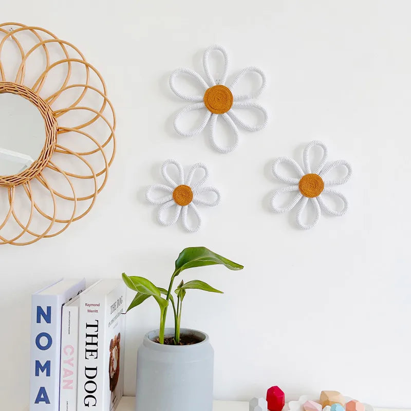 DÉCORATION MURALE BOHO MACRAME MARGUERITE EN LAINE TISSÉE