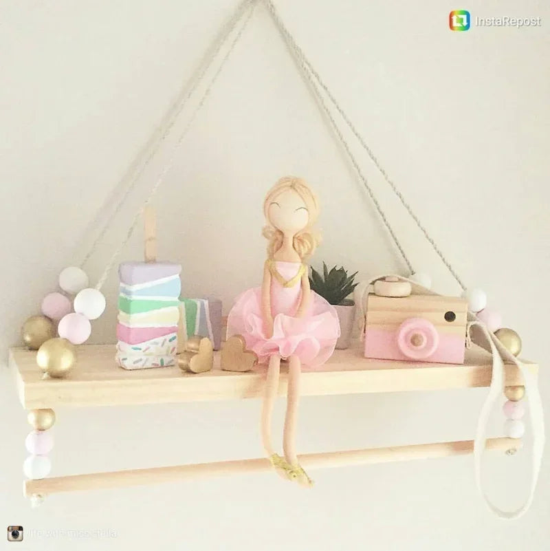 ÉTAGÈRE DE RANGEMENT MURALE EN BOIS AVEC PAMPILLES