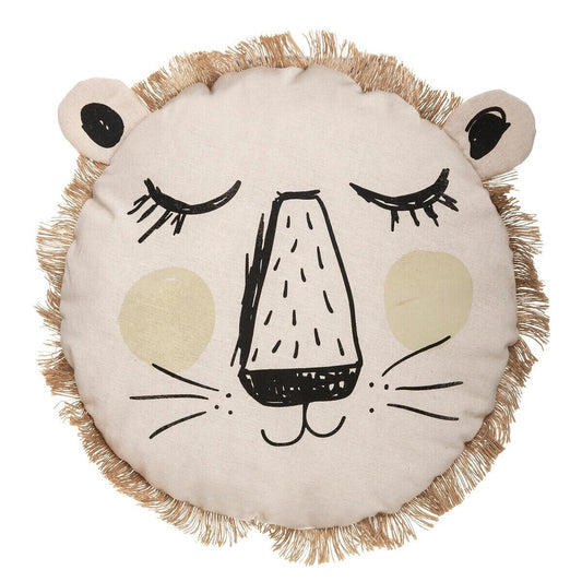 COUSSIN LION ENFANT-TISSU NATUREL & CRINIÈRE EN JUTE