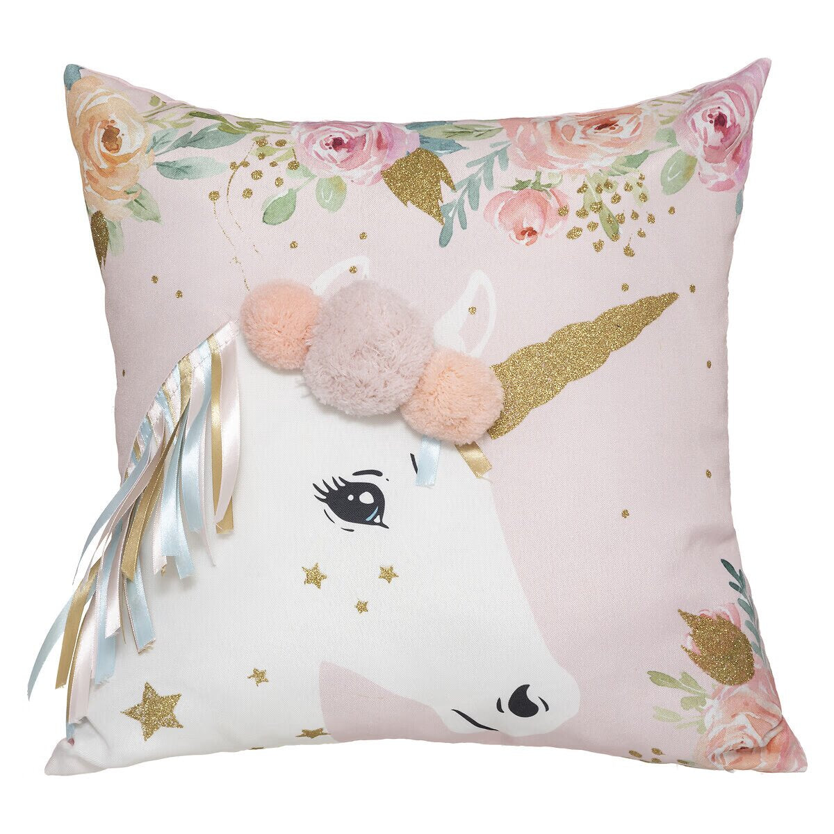 COUSSIN DÉCO ENFANT LICORNE – MOTIF FÉÉRIQUE & POMPONS 40 x 40 cm
