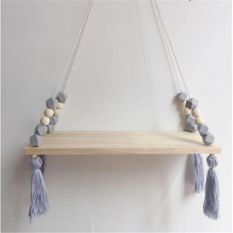 ÉTAGÈRE DE RANGEMENT MURALE EN BOIS AVEC PAMPILLES