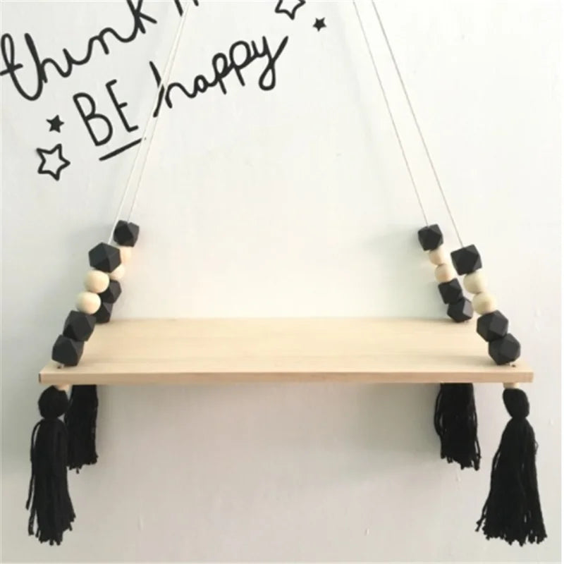 ÉTAGÈRE DE RANGEMENT MURALE EN BOIS AVEC PAMPILLES