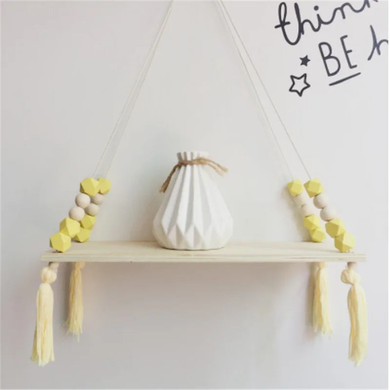 ÉTAGÈRE DE RANGEMENT MURALE EN BOIS AVEC PAMPILLES