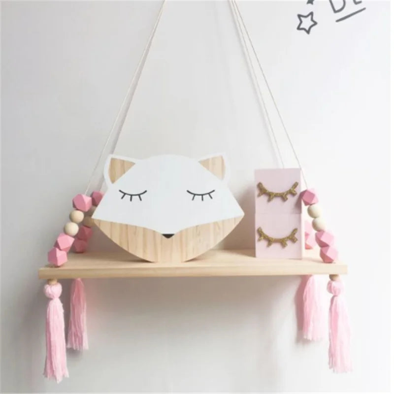 ÉTAGÈRE DE RANGEMENT MURALE EN BOIS AVEC PAMPILLES