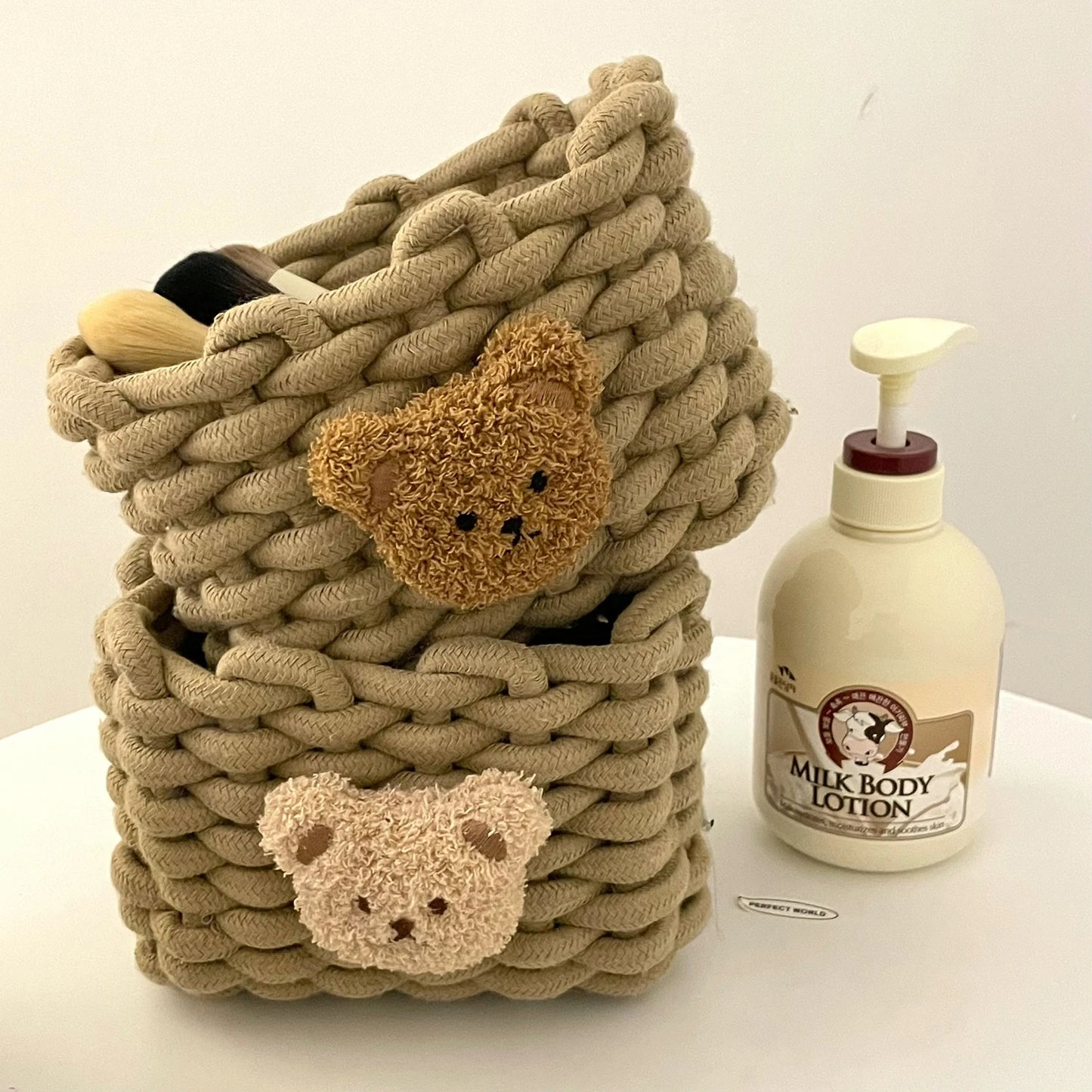 PANIER DE RANGEMENT EN CORDE DE COTON-MOTIF PETIT OURS-TISSU TRÉSSÉ A LA MAIN