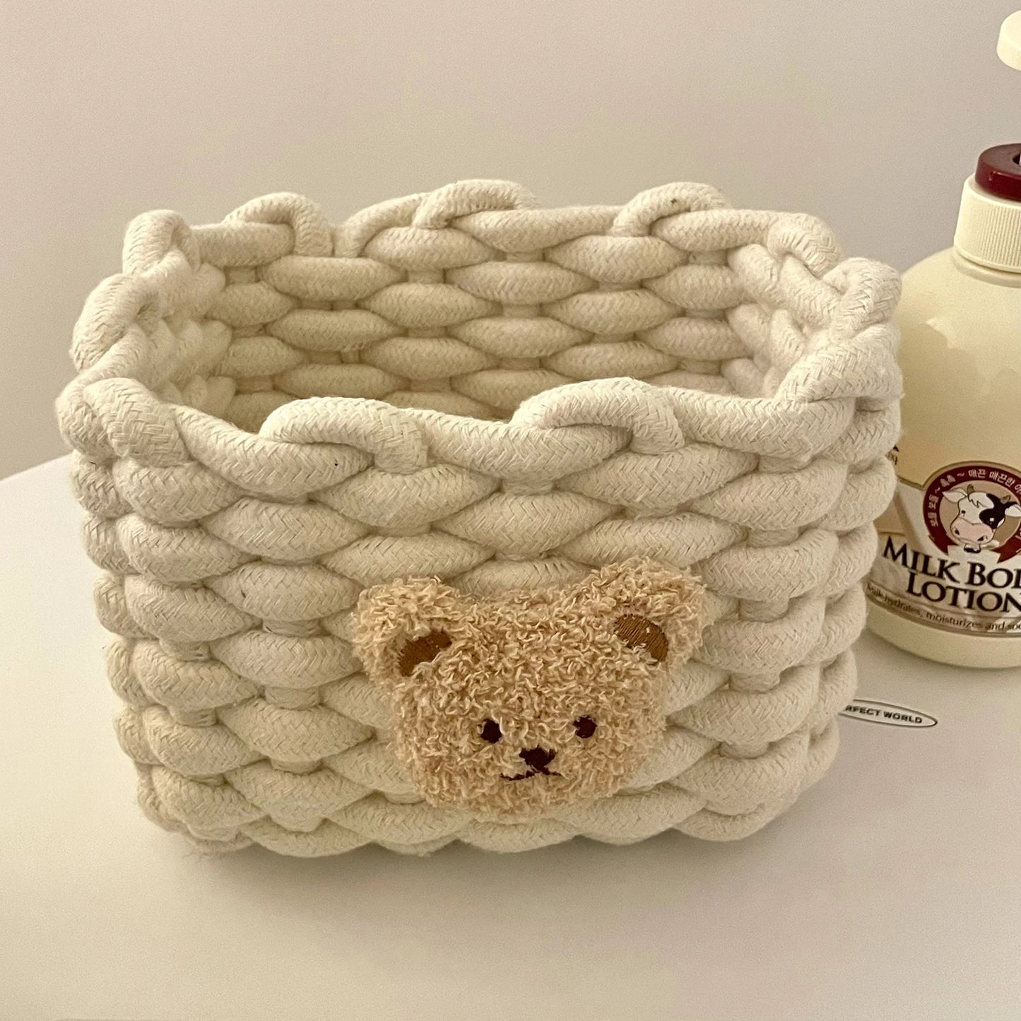 PANIER DE RANGEMENT EN CORDE DE COTON-MOTIF PETIT OURS-TISSU TRÉSSÉ A LA MAIN