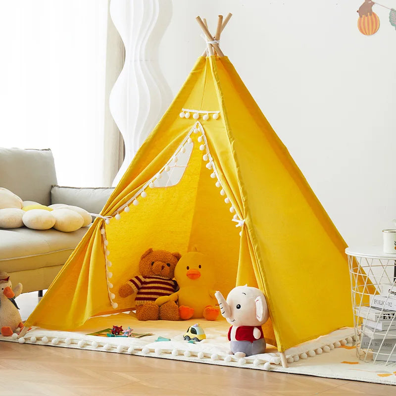 Tente Tipi Jaune pour Enfants – Maison de Jeu Pliable en Coton et Lin