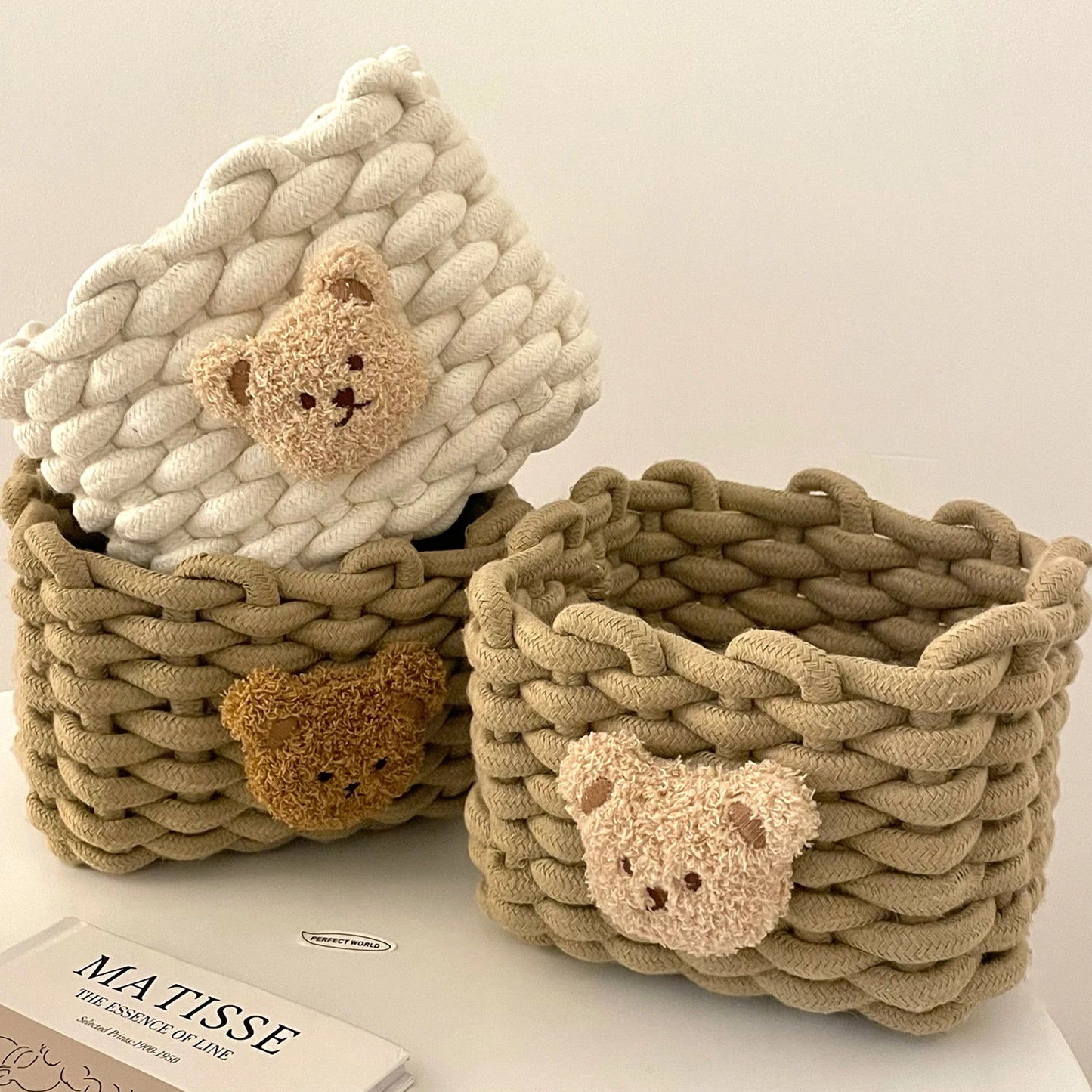 PANIER DE RANGEMENT EN CORDE DE COTON-MOTIF PETIT OURS-TISSU TRÉSSÉ A LA MAIN