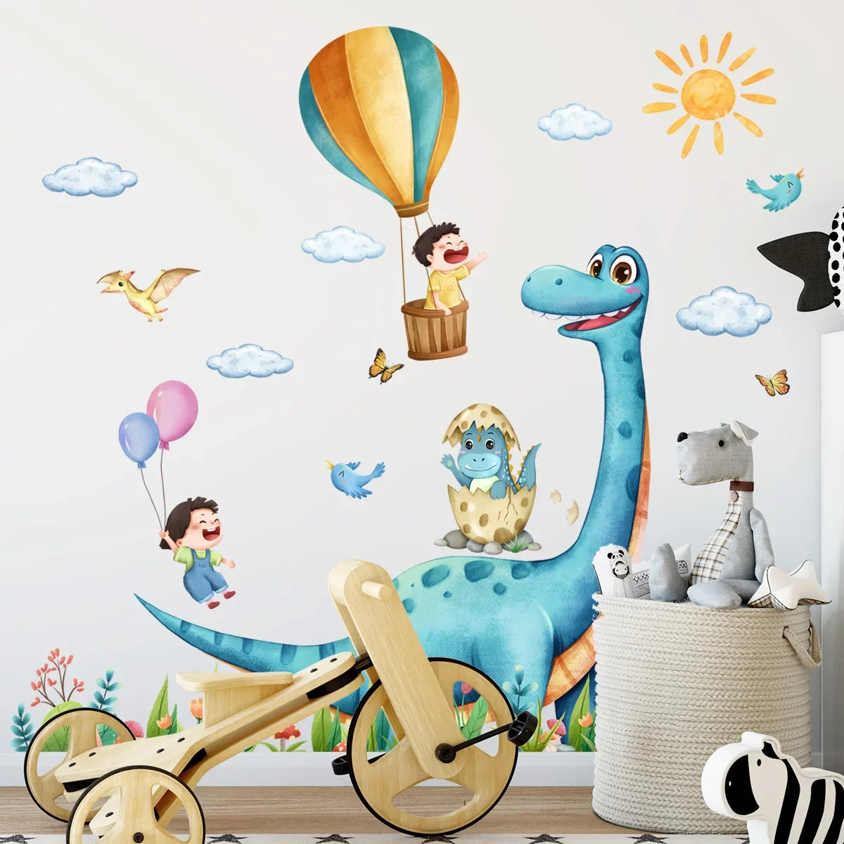 STICKER MURAL DINOSAURE EN MONTGOLFIÈRE