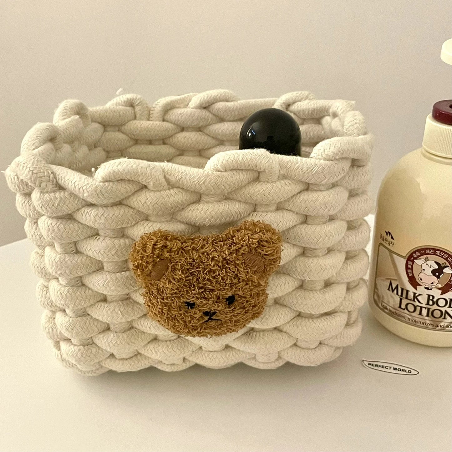 PANIER DE RANGEMENT EN CORDE DE COTON-MOTIF PETIT OURS-TISSU TRÉSSÉ A LA MAIN