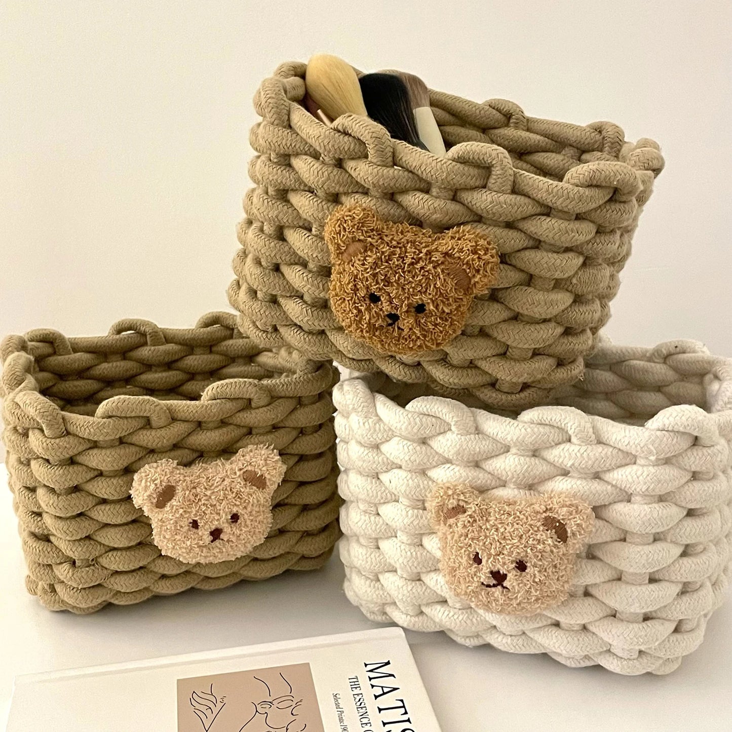 PANIER DE RANGEMENT EN CORDE DE COTON-MOTIF PETIT OURS-TISSU TRÉSSÉ A LA MAIN