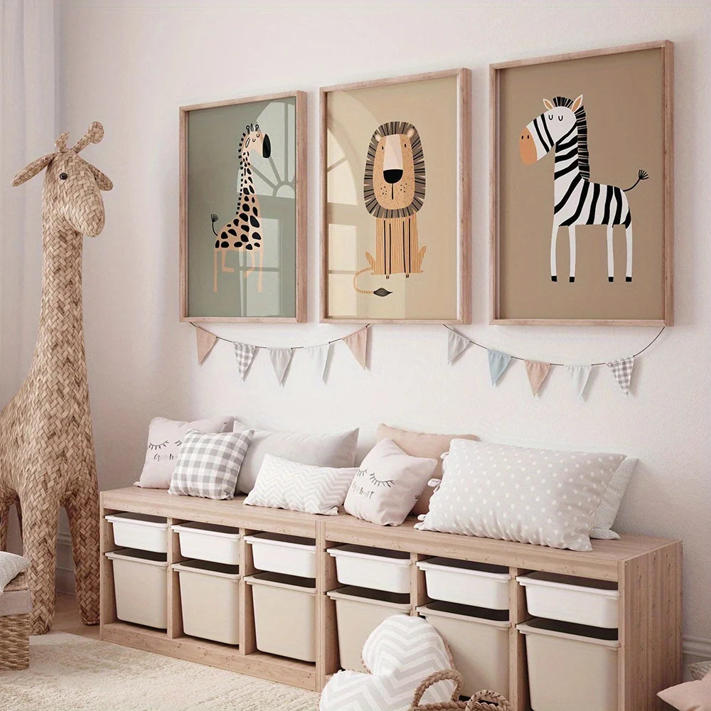 LOT DE 3 AFFICHES ANIMAUX DE LA SAVANE-STYLE DOUX ET MODERNE