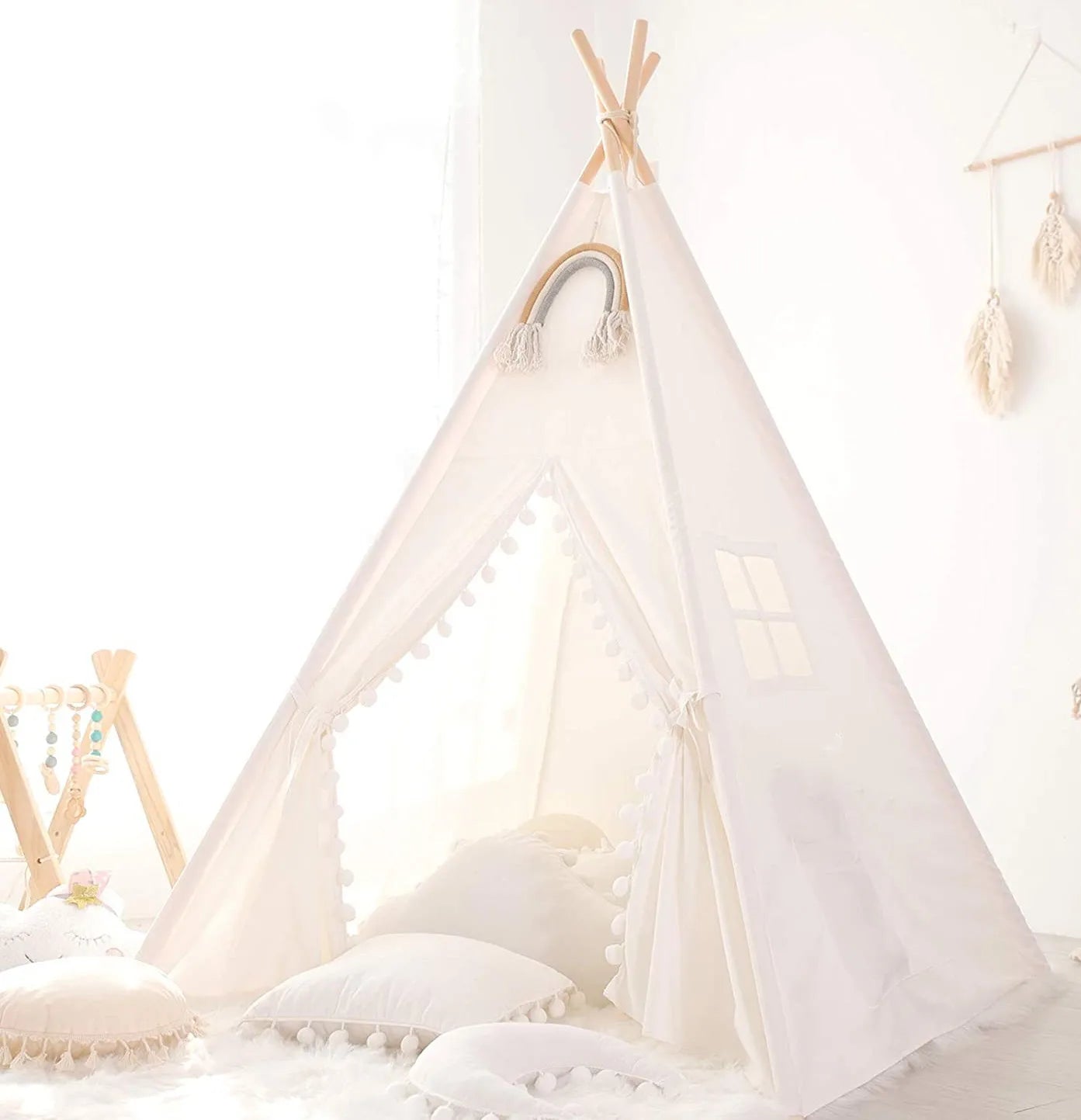 Tente Tipi Blanc pour Enfants – Maison de Jeu Pliable en Coton et Lin
