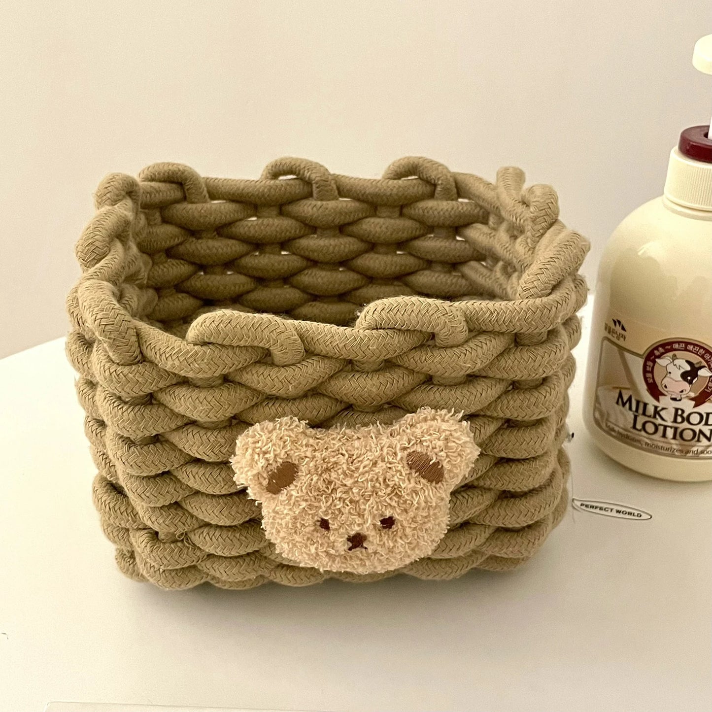 PANIER DE RANGEMENT EN CORDE DE COTON-MOTIF PETIT OURS-TISSU TRÉSSÉ A LA MAIN