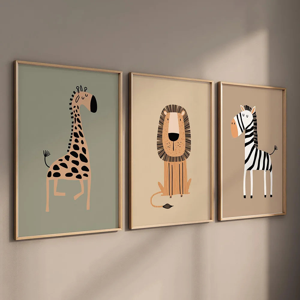 LOT DE 3 AFFICHES ANIMAUX DE LA SAVANE-STYLE DOUX ET MODERNE