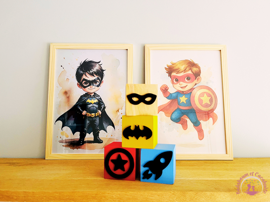 LOT DE 3 CUBES EN BOIS SUPER HÉROS PERSONNALISABLE