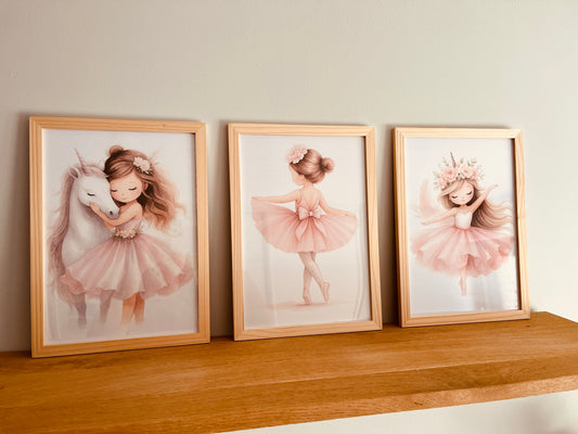 LOT DE 3 AFFICHES DÉCORATIVES BALLERINES-LICORNE - DÉCORATION CHAMBRE ENFANT